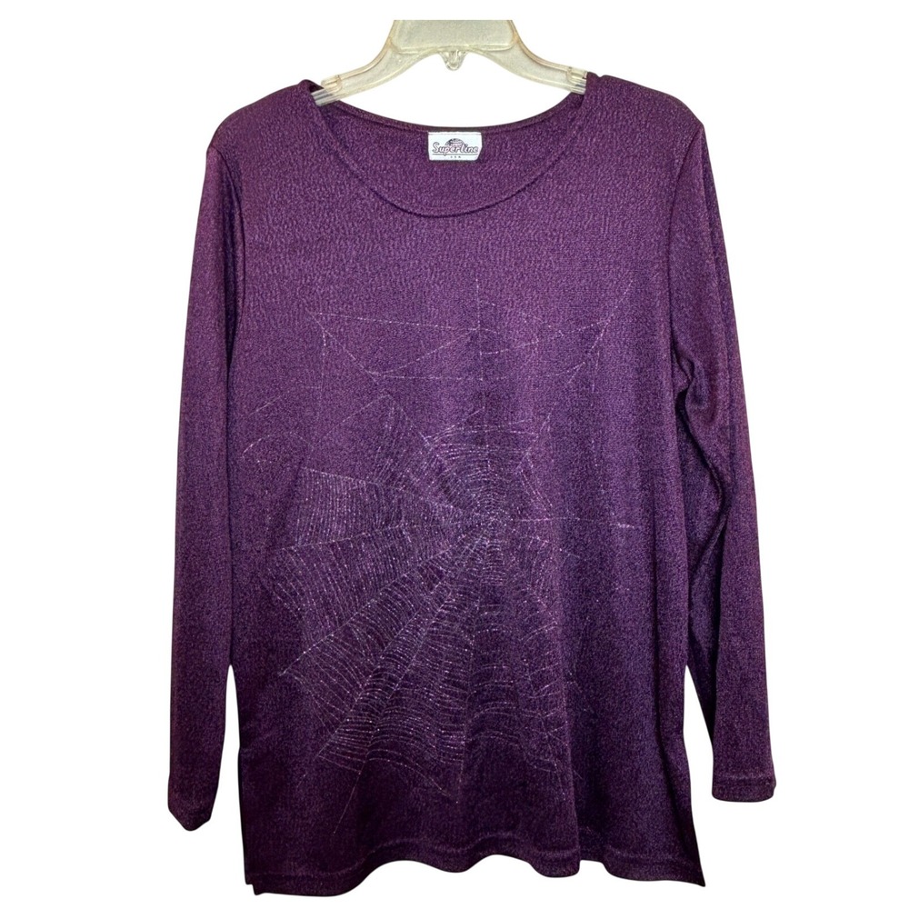 Superline Spider‎ Web Top Women Large L Purple Glitter Long Sleeve Goth Witchy